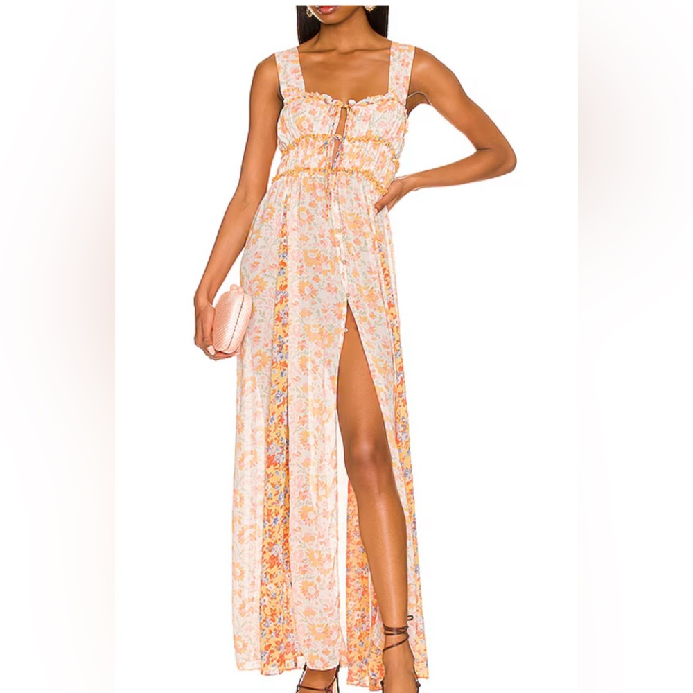 Free People Peach Floral Maxi Dress with Ivory and Orange Accents